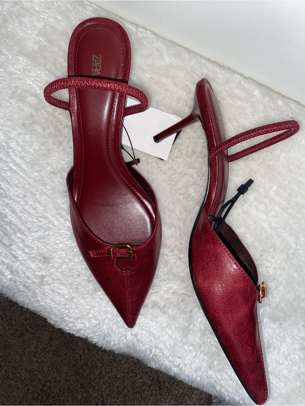 ZARA Slingback Wine Red Pointed Heels with Gold Buckle - Size 9 - NEW - Picture 3 of 7